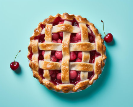 top view of cherry pie with lattice top view of cherry pie with lattice on blue background top view of cherry pie with lattice on blue backgroundの素材