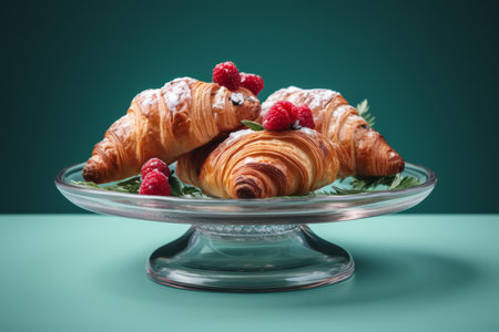 three croissants with raspberries on top of a glass plateの素材