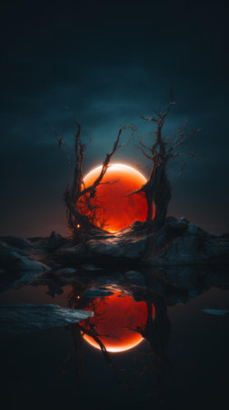 the sun is reflected in the water with trees in the backgroundの素材