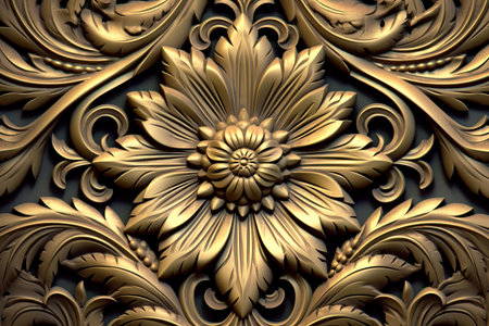 3d rendering of an ornate gold flower on a black backgroundの素材
