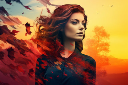 a beautiful woman with red hair is standing in front of a sunset with birds flying in the backgroundの素材