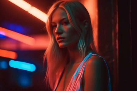 a beautiful blonde woman standing in front of neon lightsの素材