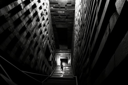 a black and white photo of a person walking down a dark stairwayの素材