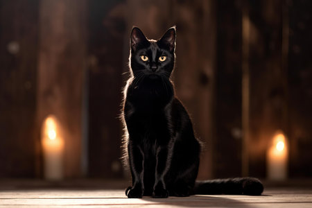 a black cat is sitting in front of candlesの素材