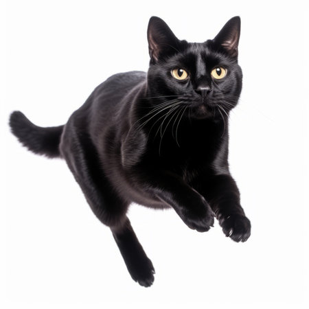 a black cat is flying in the air on a white backgroundの素材
