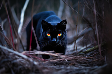 a black cat with glowing eyes in the woodsの素材