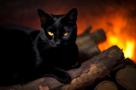 a black cat is sitting on a log in front of a fireの素材