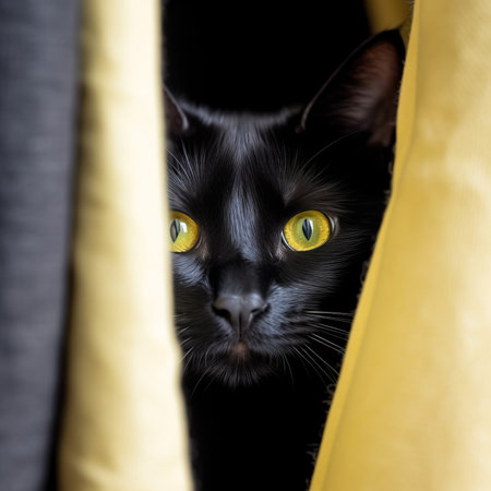 a black cat peeking out from behind a curtainの素材