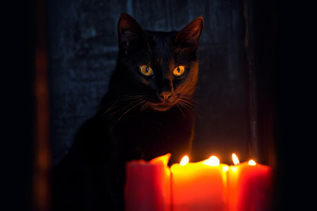 a black cat sitting next to a lit candleの素材