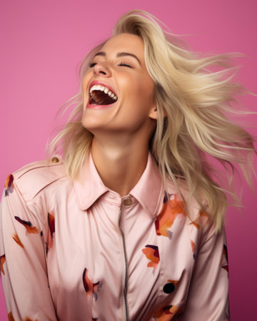 a blonde woman laughing and smiling on a pink backgroundの素材
