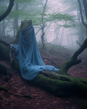 a blue cloth draped over a tree trunk in a forestの素材