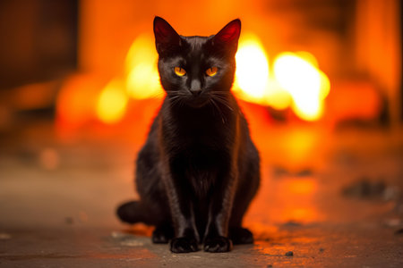 a black cat sitting in front of a fireの素材