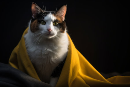 a calico cat is wrapped in a yellow blanketの素材
