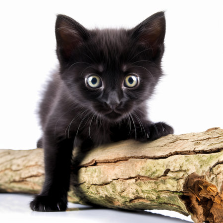 a black kitten sitting on top of a logの素材