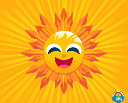 a cartoon sun with a smiley face on a yellow backgroundの素材