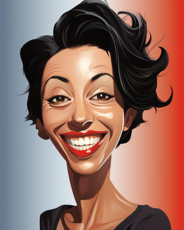 a cartoon portrait of a woman with black hair and a red white and blue backgroundの素材