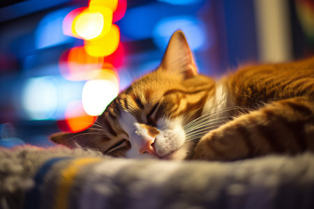 a close up of a cat sleeping on a blanketの素材
