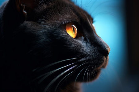 a close up of a black cat with orange eyesの素材