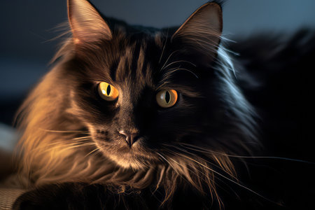 a close up of a black cat with yellow eyesの素材