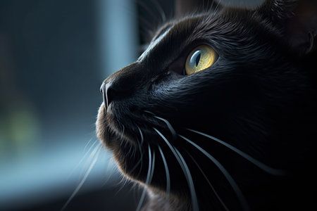 a close up of a black cat with yellow eyesの素材