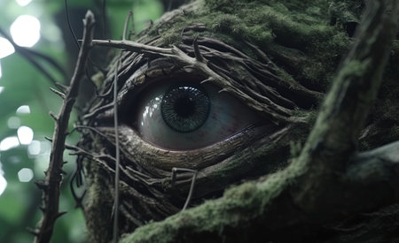 a close up of an eye in the middle of a treeの素材