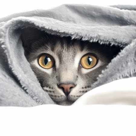 a cat peeking out from under a blanketの素材