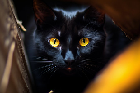 a close up of a black cat with yellow eyesの素材