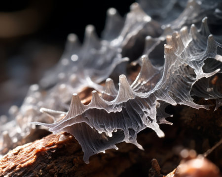 a close up view of a fungus on a tree branchの素材