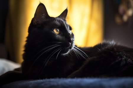 a close up of a black cat laying on a bedの素材