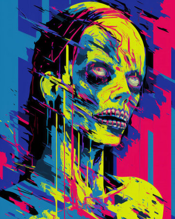 a colorful painting of a woman with a skull on her faceの素材