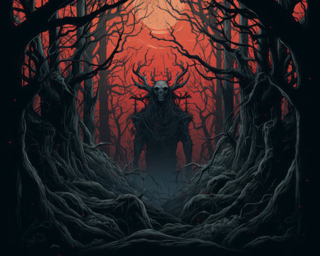 a dark forest with a demon standing in the middle of itの素材