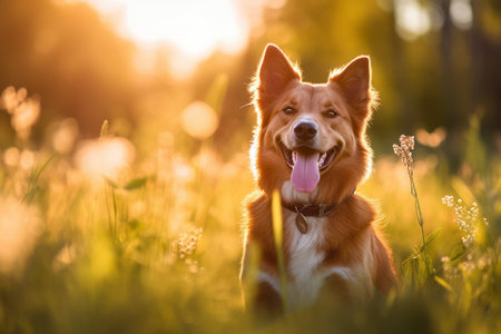 a dog is sitting in a field with the sun in the backgroundの素材