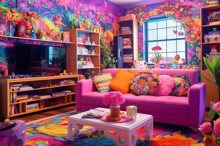 a colorful living room with a pink couch and colorful wallsの素材