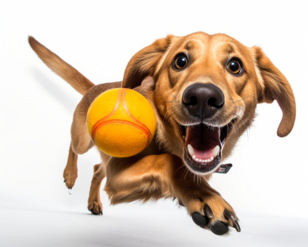 a dog with an orange ball in its mouthの素材
