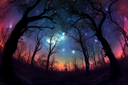 a forest with trees and stars in the skyの素材