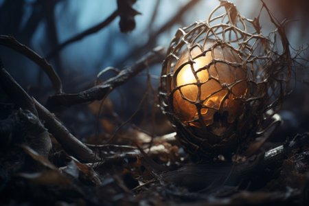 a golden egg sitting in a cage in the woodsの素材