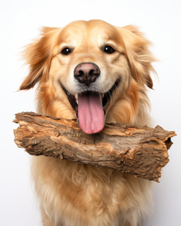 a golden retriever holding a log in its mouthの素材