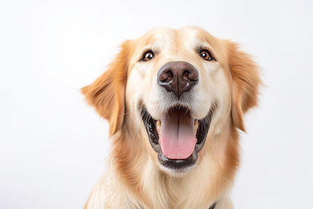 a golden retriever dog with its mouth open on a white backgroundの素材