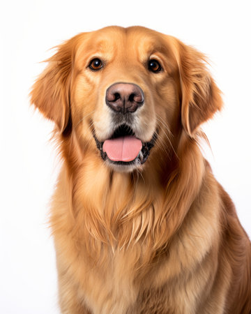 a golden retriever dog sitting in front of a white backgroundの素材