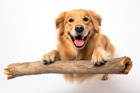 a golden retriever is holding onto a large piece of woodの素材