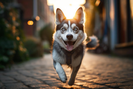 a husky dog running on a cobblestone street at sunsetの素材