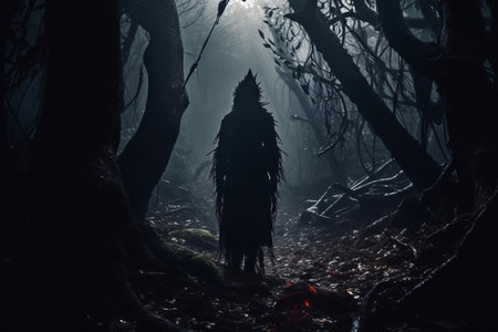 a man in a dark forest with a creepy face standing in the middle of the woodsの素材