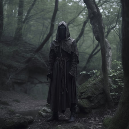 a man in a hooded robe standing in the woodsの素材