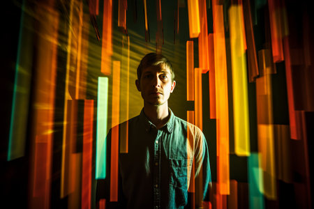 a man is standing in front of a wall of colored lightsの素材