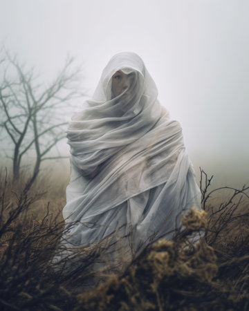 a man in a white shroud standing in the middle of a fieldの素材