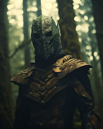 a man wearing a mask in the woodsの素材