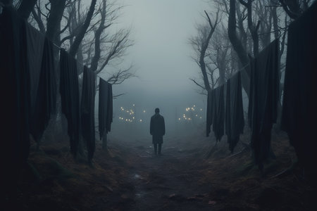 a man stands in the middle of a foggy forestの素材