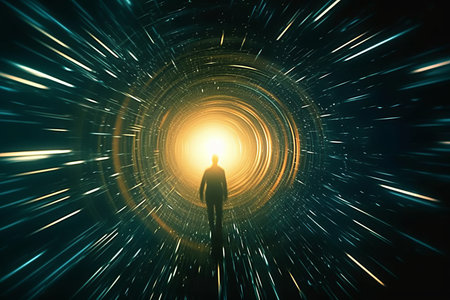a man standing in front of a tunnel with light coming out of itの素材