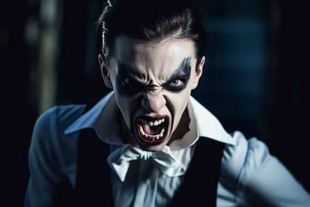 a man in a suit with a vampire look on his faceの素材