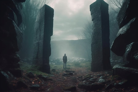 a man stands in front of two stone pillars in a dark forestの素材